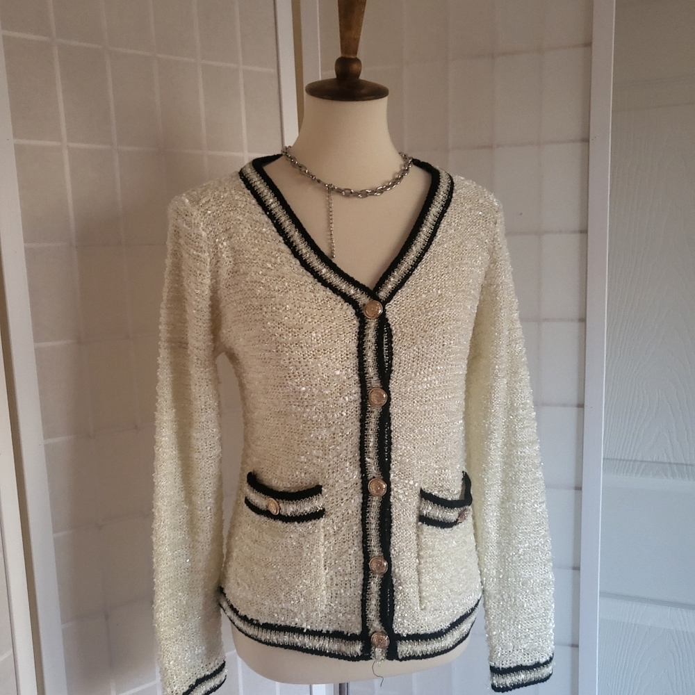 Vintage White Black Knit Sweater S - Picture 2 of 10